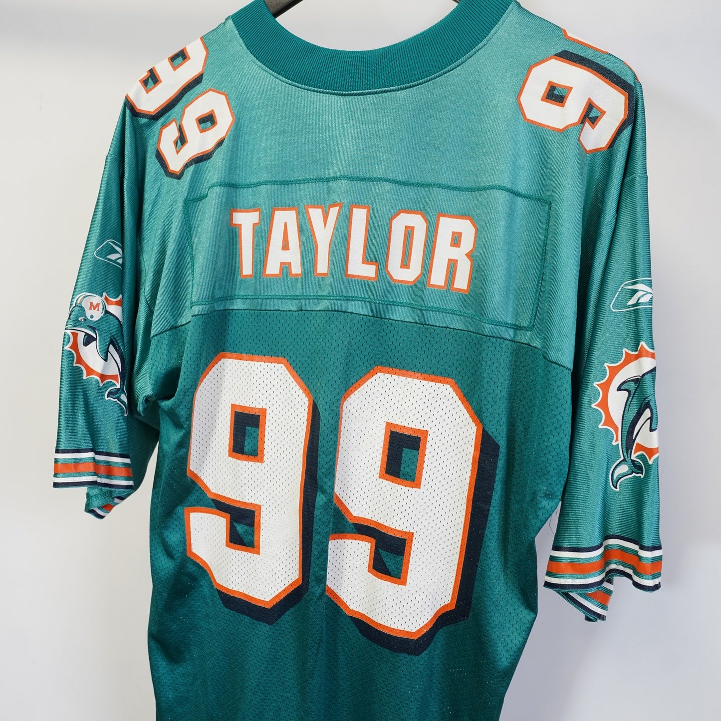 (M) Vintage Jason Taylor Miami Dolphins Reebok Football Jersey Mens M Aqua Y2K Retro