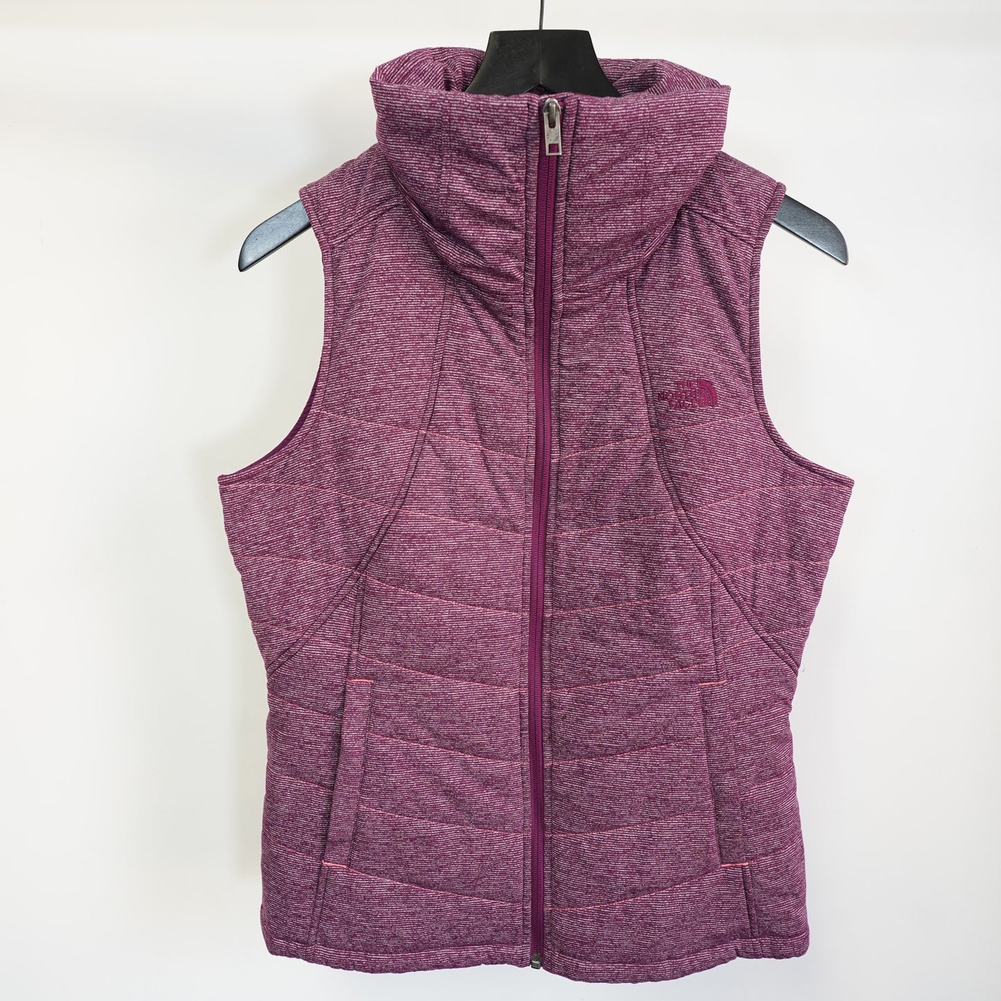 (Women's M) The North Face Pseudio Puffer Vest Heather Dark Berry Stripe Size M Pink