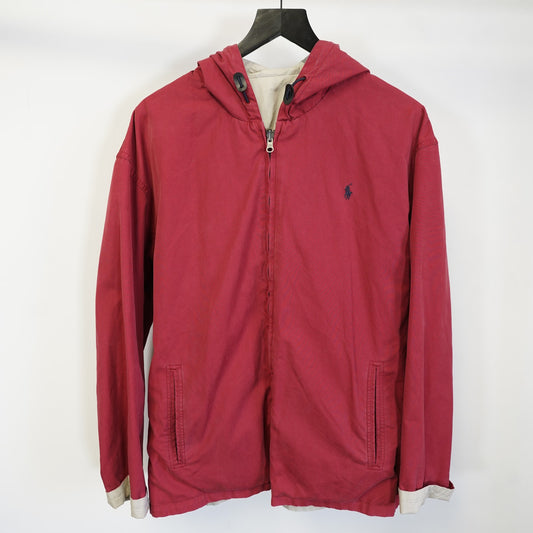 (L) Vintage Polo Ralph Lauren Reversible Hooded Rain Jacket Men's L Red Cream