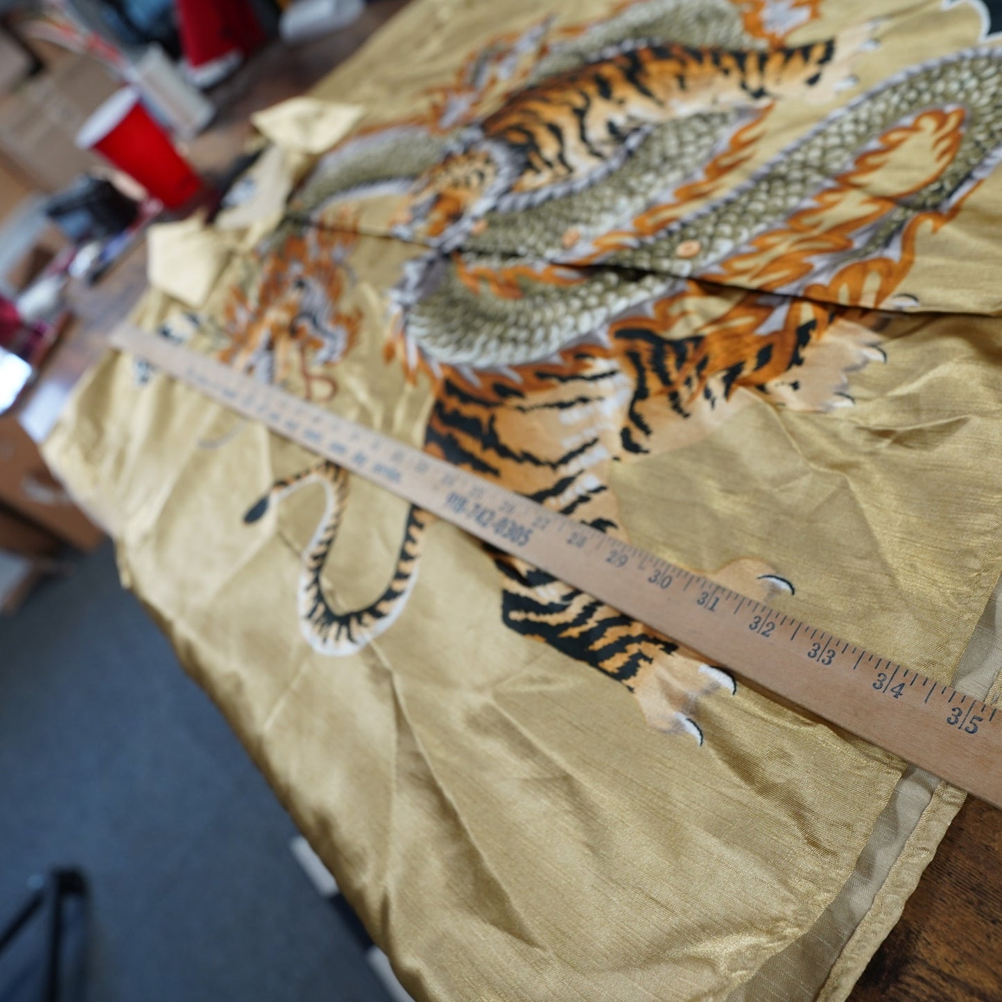 (4XL) Vintage Japanese Dragon Tiger Gold Satin Y2K Button Up Shirt Men's 4XL 2000s