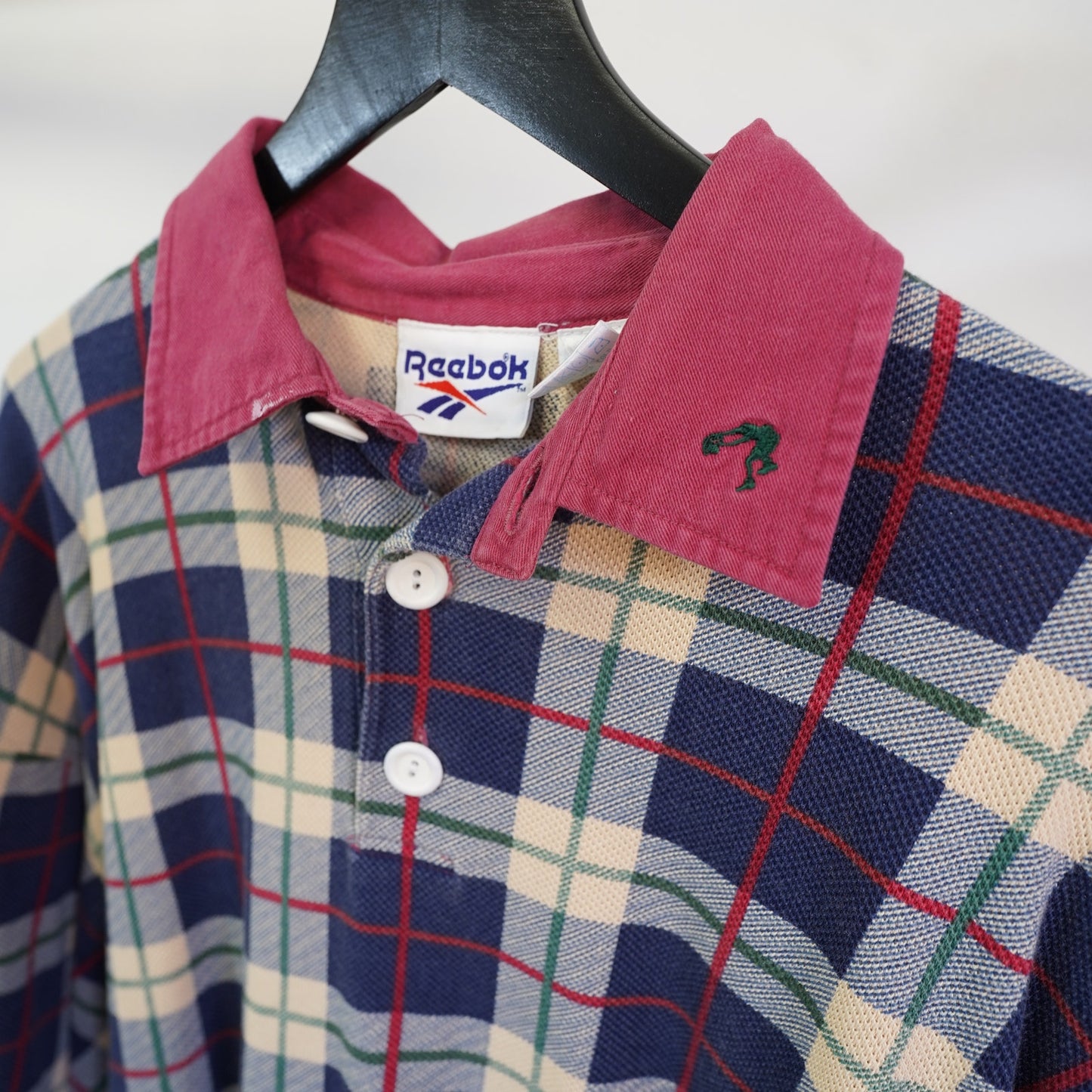 (L/XL) Vintage Shaquille O'Neal Reebok Plaid Polo Shirt Men's L Oversized Blue 90s Shaq