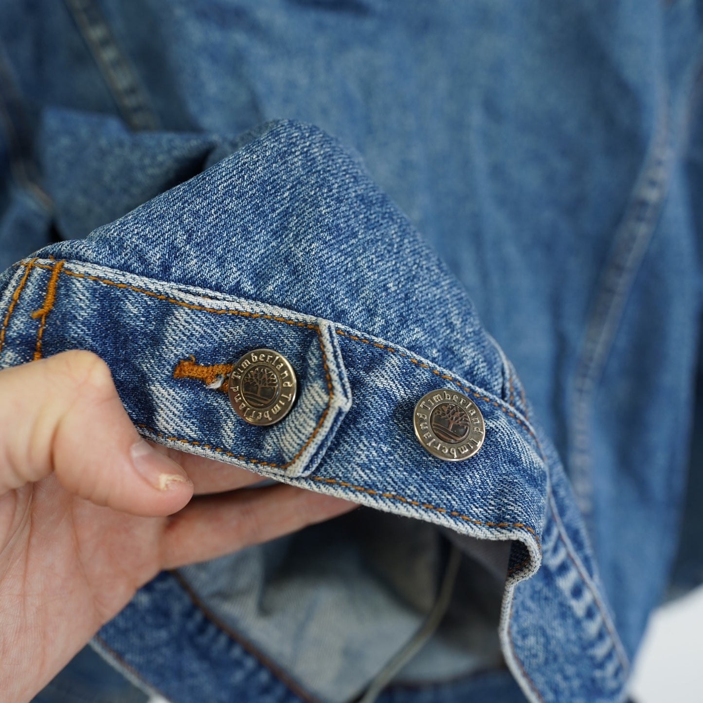 Men's M Vintage 90s Timberland Trucker Weathergear Classic Denim Jacket Leather Collar