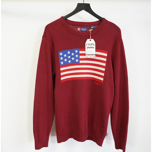 (M) Chaps American Flag USA Sweater Men Size M Crewneck Pullover Knit Rich Ruby New