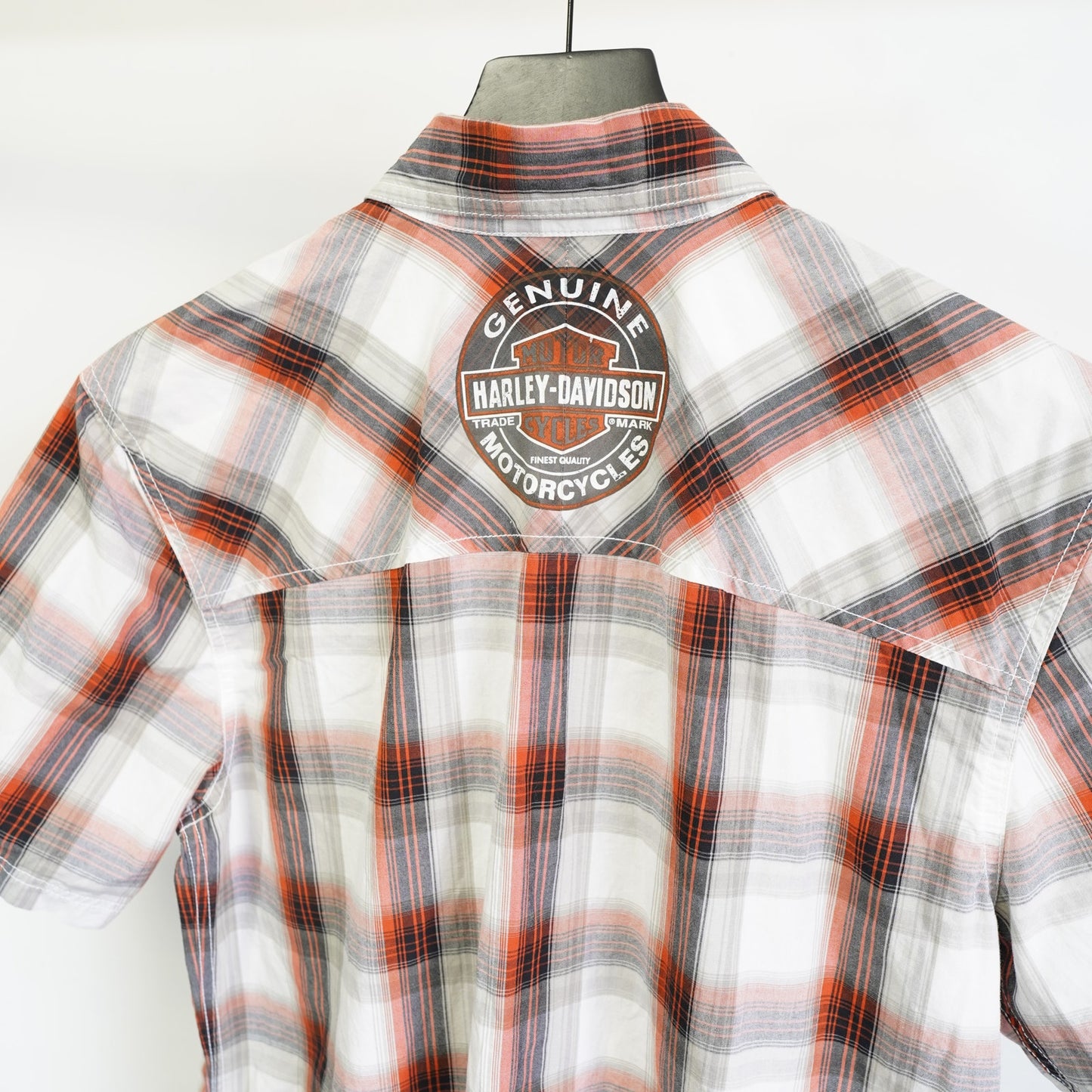 (S) Harley Davidson Motorcycles Plaid Button Up Biker Work Shirt Mens S White Orange