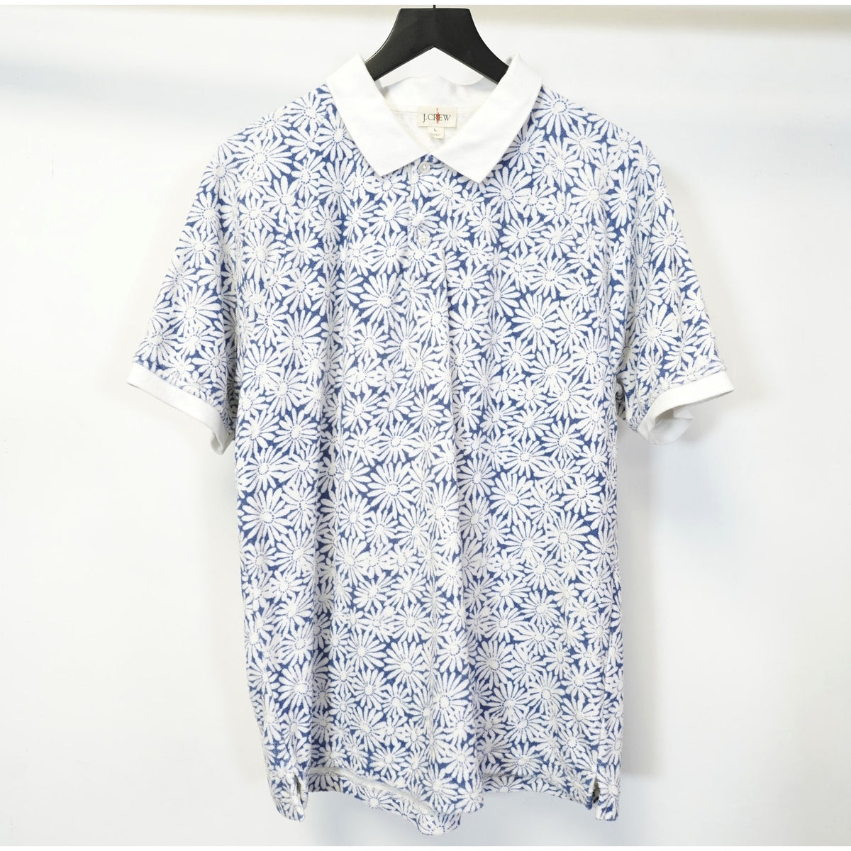 (L) J. Crew Floral Performance Polo Shirt Daisy Flower Men's L Blue White Preppy
