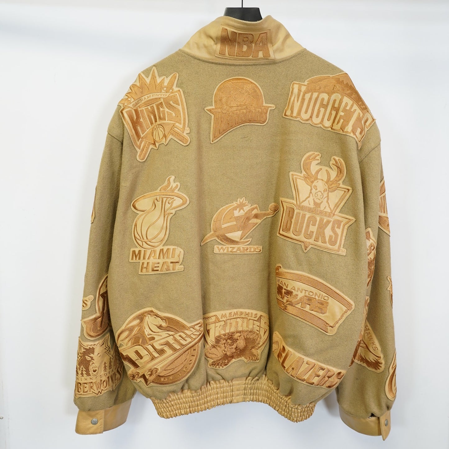 (5XL) Vintage Jeff Hamilton NBA Logo Patch Leather Jacket Men's Tan Wool Hip Hop