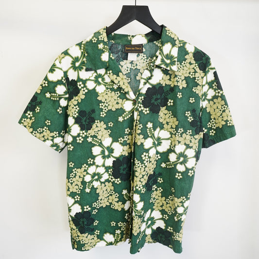 (L) Vintage 90s Hawaiian Flavor Shirt Men's L Floral Tropical Surf Green Hibiscus