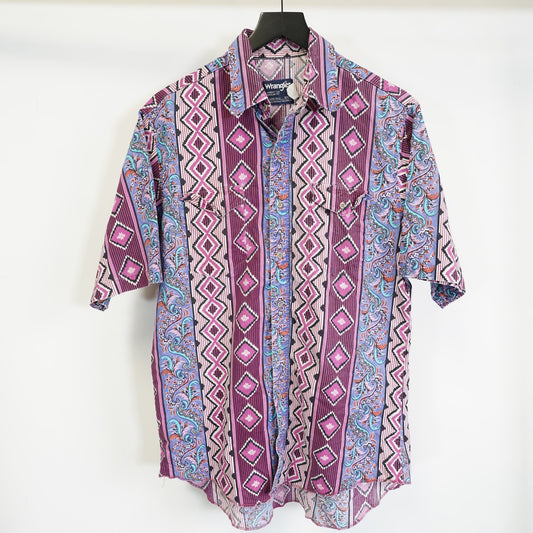 (L) Vintage Wrangler Cowboy Cut Western Shirt Mens 16.5 L Purple Aztec Geometric 90s
