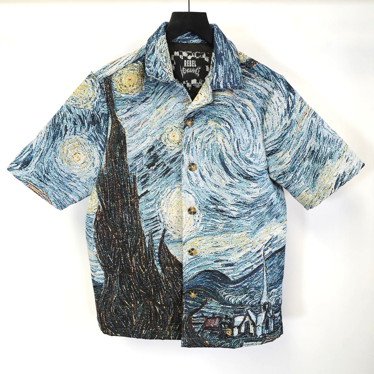 (S) Rebel Vengeance Vincent Van Gogh Starry Night Woven Tapestry Shirt Men's S Art